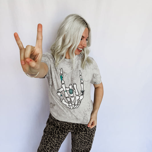 *Turquoise Skeleton Peace Sign Graphic Tee